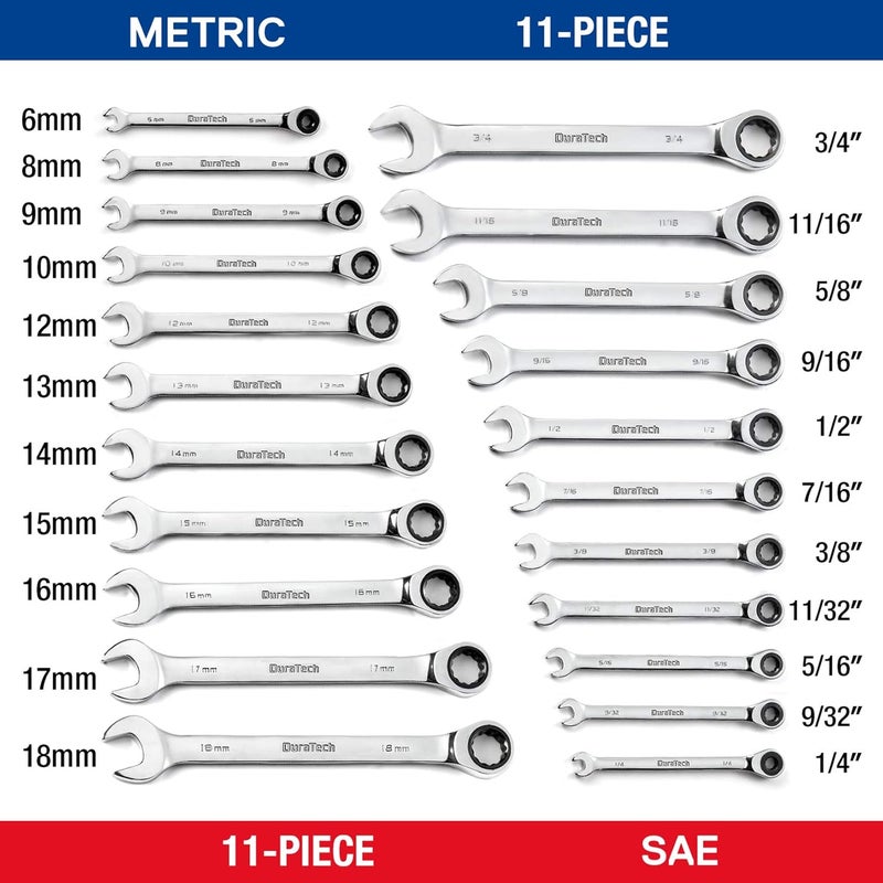 DURATECH Ratcheting Wrench Set, Combination Wrench Set, SAE & Metric, 22-piece, 1/4" to 3/4" & 6-18mm, CR-V Steel, with Pouch - Image 2